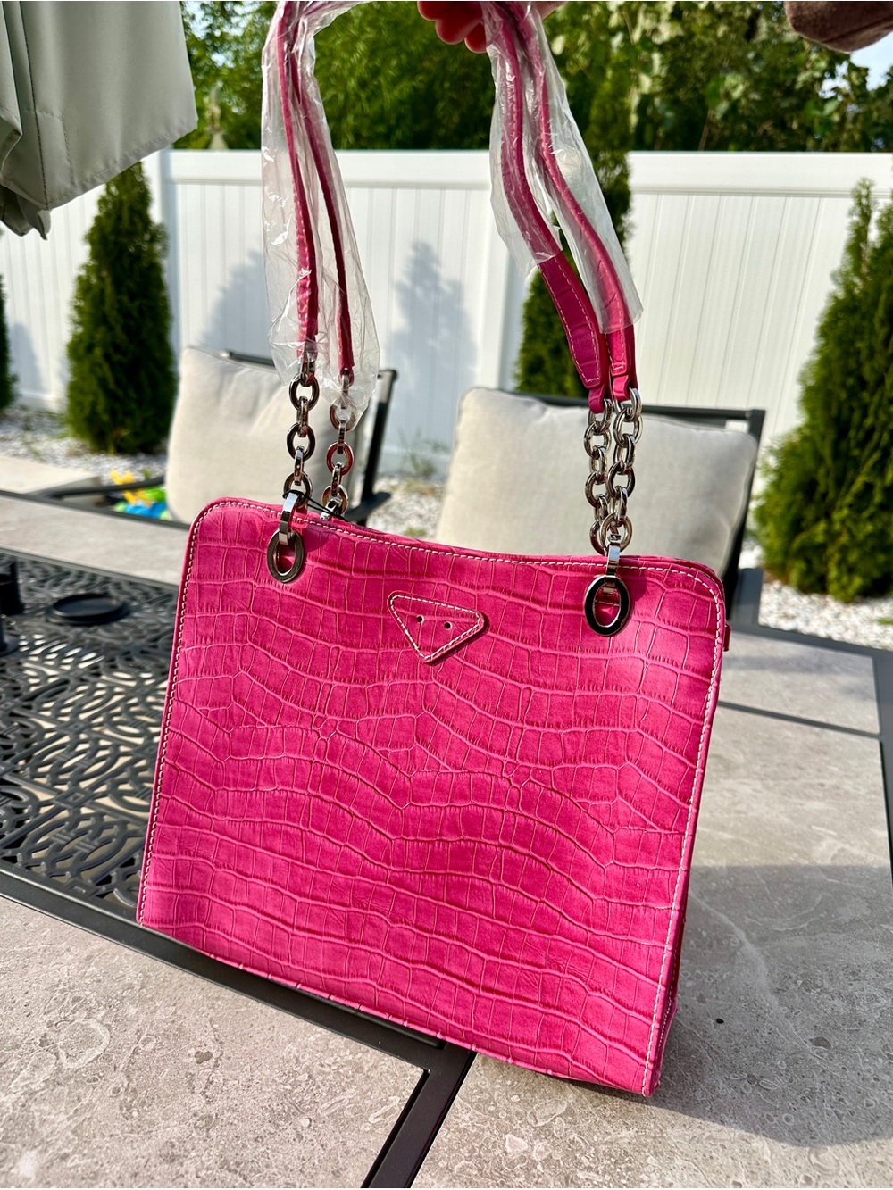 Pink Croc-Embossed Tote Shoulder Bag